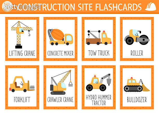 Vector construction site flash cards set with crane, bulldozer ...