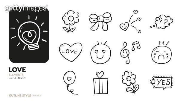 Set of love hand drawn elements outline style vector design. 이미지 ...