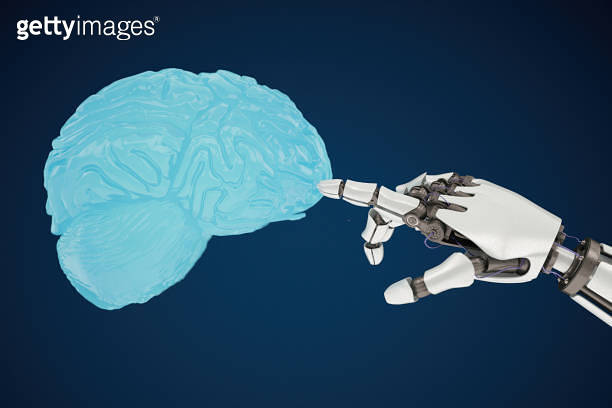 Robotic Hand Touching Human Brain. AI Artificial Intelligence Concept ...