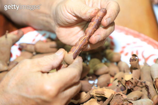 Tamarind Shell With Powderized Shell A close-up of an elderly Asian man preparing soggy tamarind by cracking ...