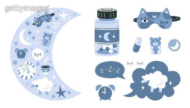 Melatonine Routine Cartoon Crescent moon, stars, jar of Melatonin or sleeping pills and things to ...