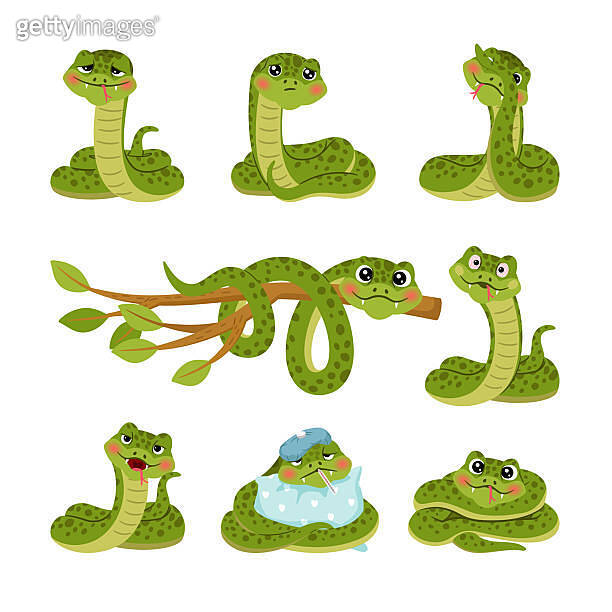 Set of cute cartoon embarrassed snakes characters in different poses ...