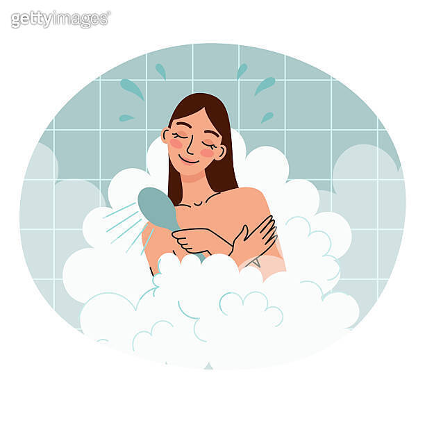 A woman in the shower. Morning routine and hygiene. Flat cartoon vector ...
