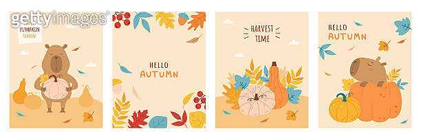 Thanksiving Capybara Autumn collection of greeting cards with funny capybara, pumpkins ...