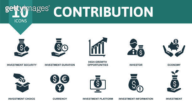 Contribution icon set representing investment security, duration ...